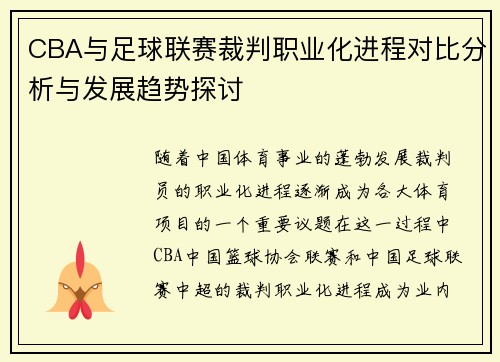 CBA与足球联赛裁判职业化进程对比分析与发展趋势探讨